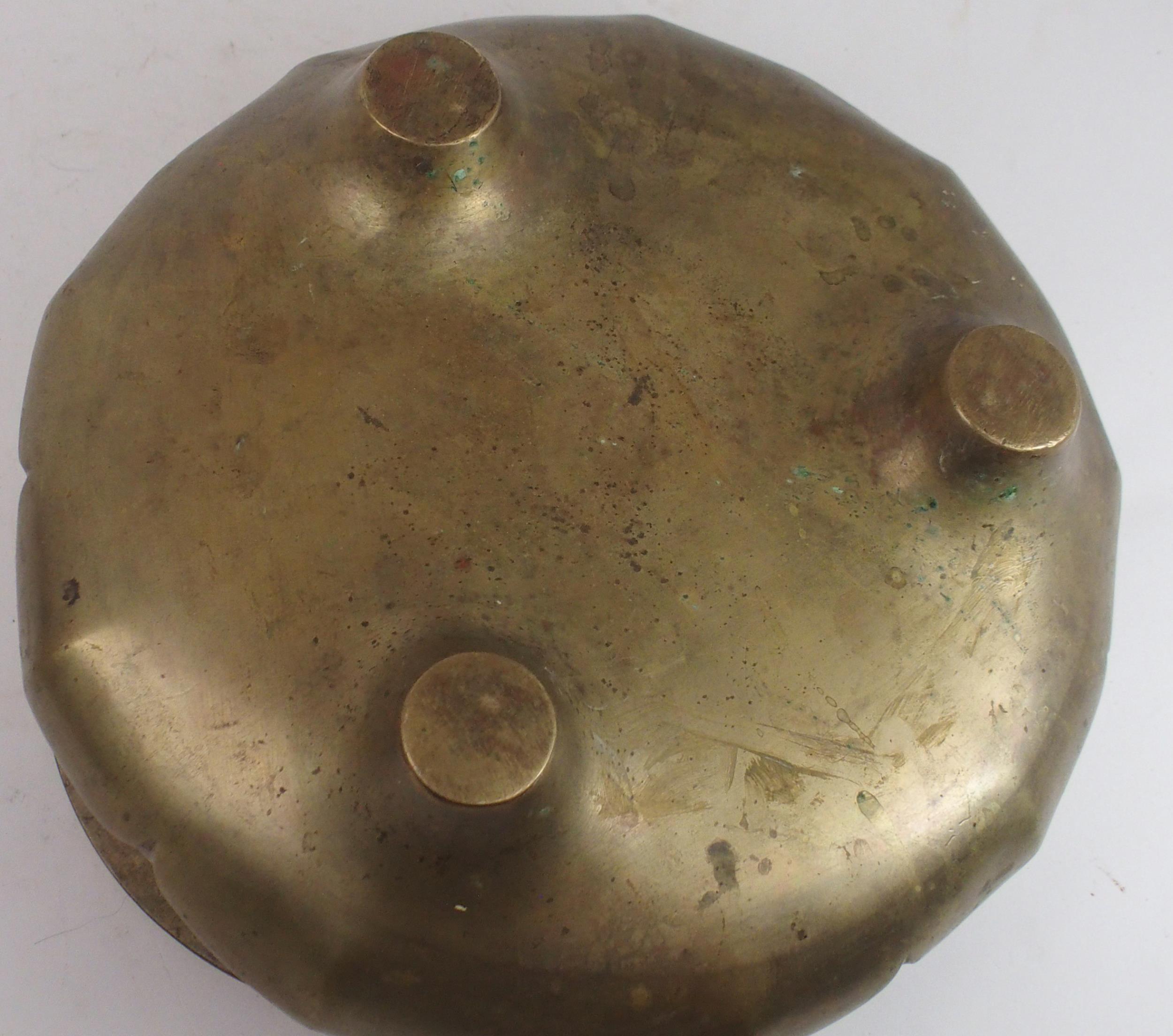 A LARGE CHINESE BRASS CENSER  the raised twin handles above lotus lobed sides and on tripod feet and - Image 7 of 7