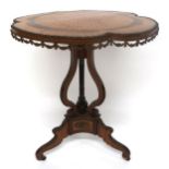 A LATE VICTORIAN KINGSWOOD INLAID TILT TOP OCCASIONAL TABLE with parquetry inlaid quatrefoil top,