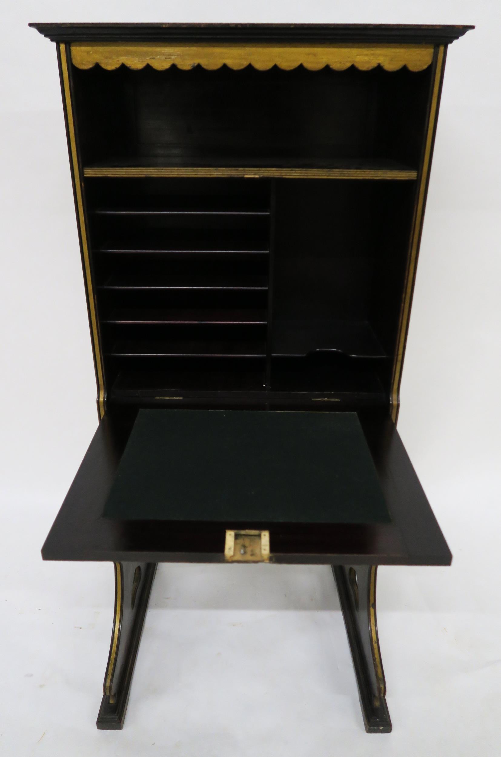 A 19TH CENTURY GERMAN ARTS & CRAFTS EBONISED AND MARQUETRY INLAID SECRETAIRE BUREAU with moulded - Image 8 of 10