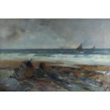 DAVID FULTON RSW (SCOTTISH 1848-1930)  BEACHCOMBERS ON A ROCKY SHORE  Oil on canvas, signed lower