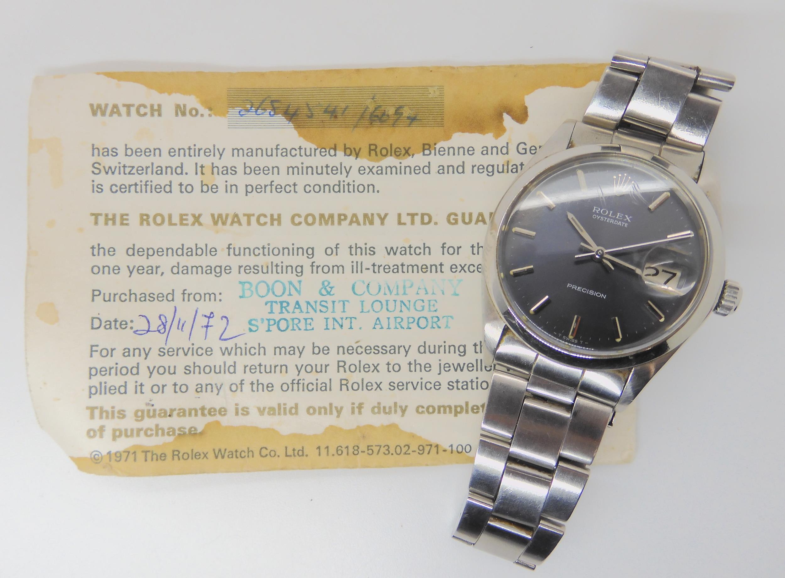 A ROLEX OYSTERDATE PRECISION with dark grey satined dial, silver coloured baton numerals, hands, and - Image 8 of 14