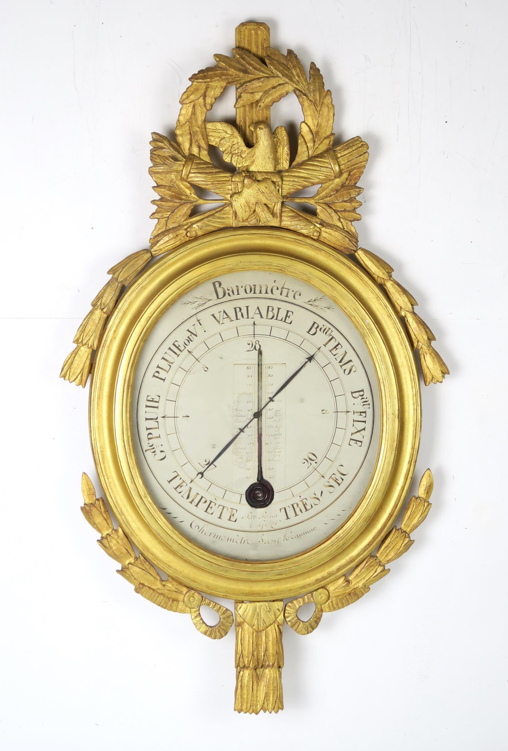 A FRENCH LATE 18TH CENTURY LOUIS XVI GILTWOOD-FRAMED BAROMETER/THERMOMETER BY A. GIZOR Surmounted by