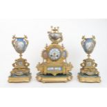 A FRENCH ORMOLU MANTEL CLOCK with Sevres style panels and dial, with Japy Freres movement, 35cm