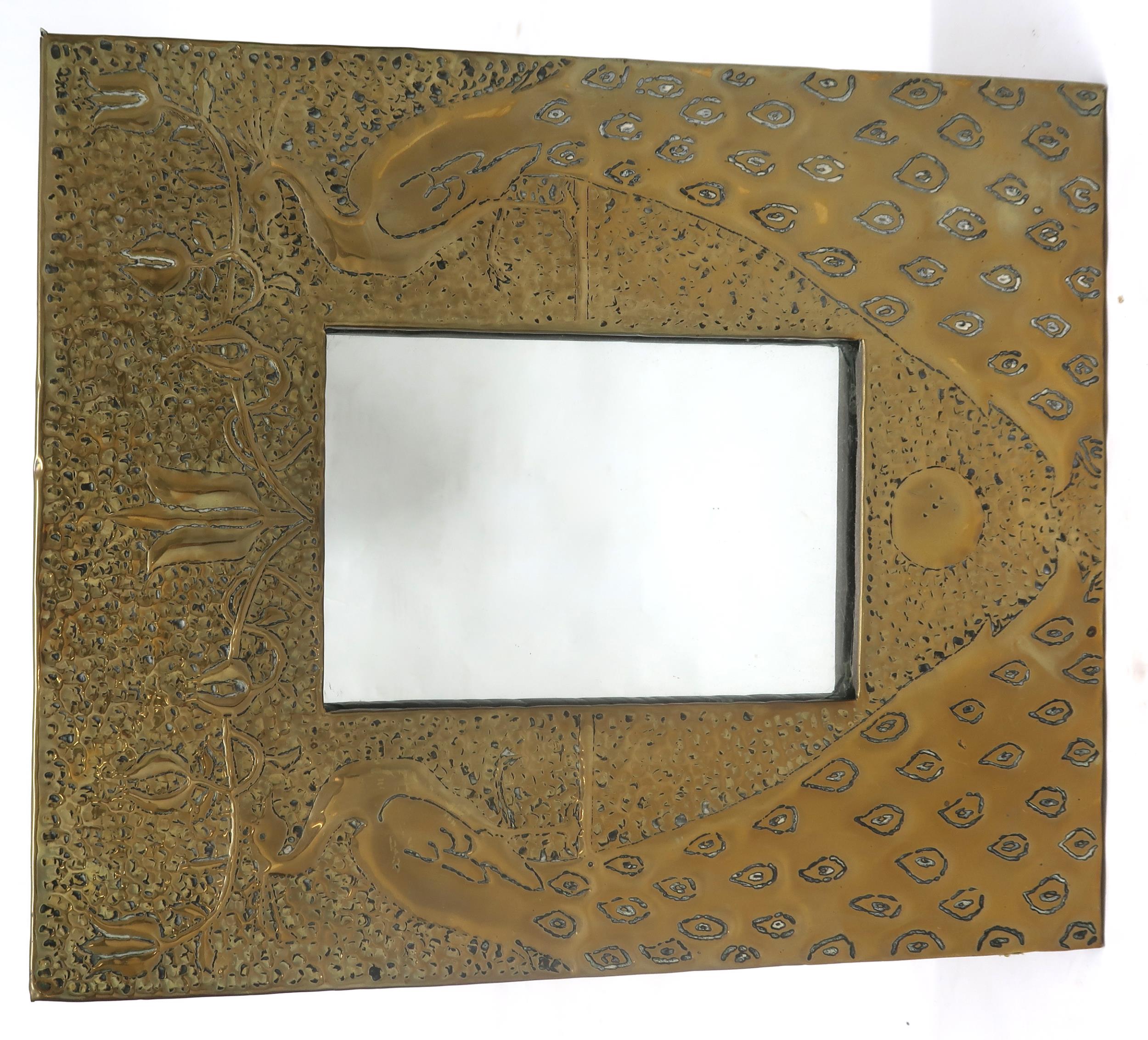 AN EARLY 20TH ARTS & CRAFTS AFTER TALWIN MORRIS WALL MIRROR with hammered brass frame depicting - Image 8 of 8