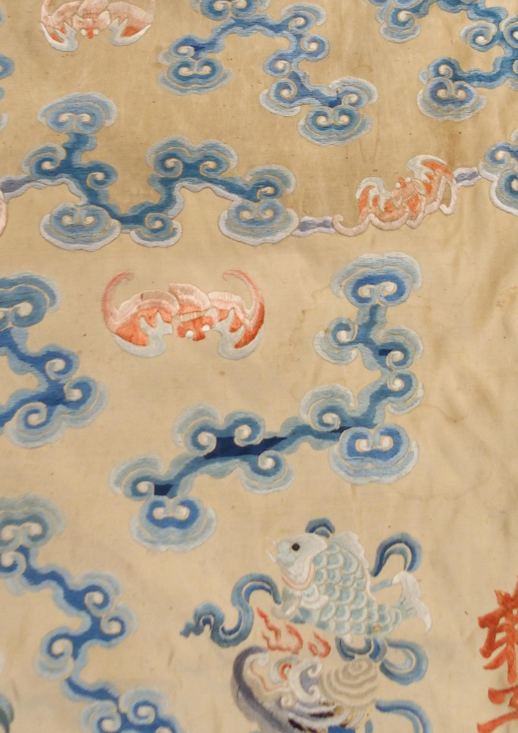 A CHINESE SILK PANEL decorated in coloured threads on a cream ground within a blue and white - Image 8 of 27