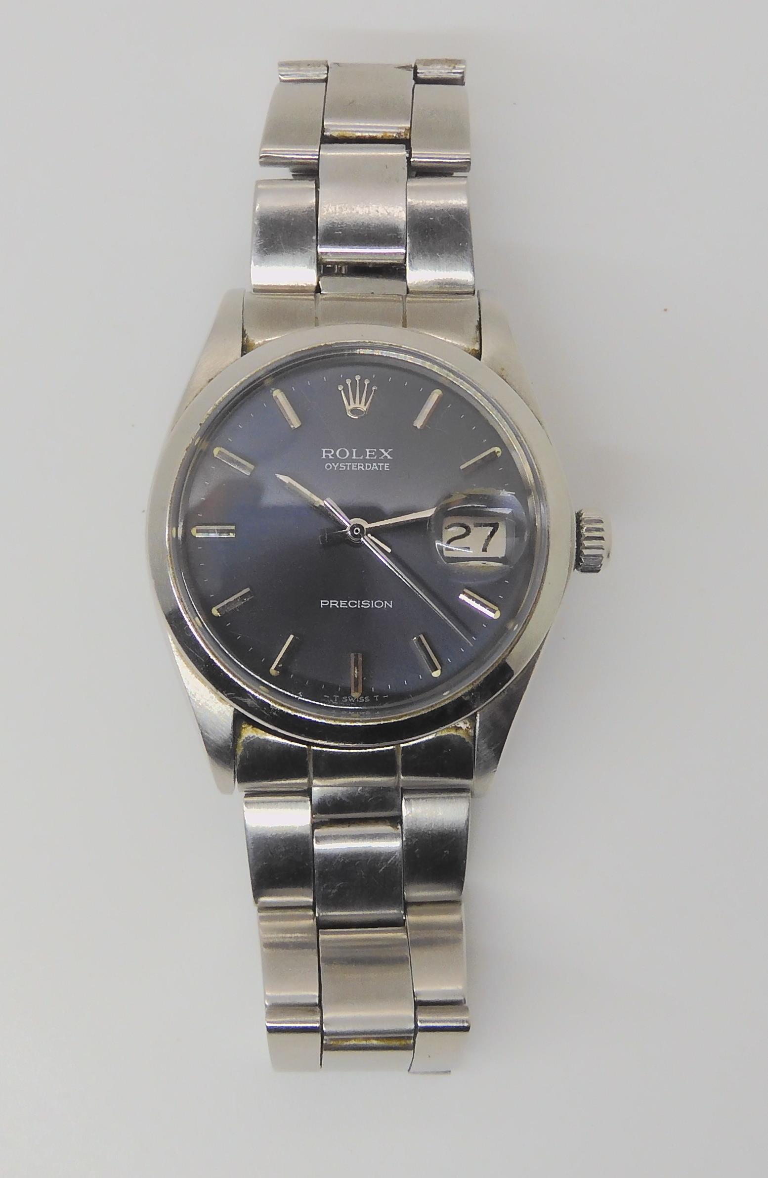 A ROLEX OYSTERDATE PRECISION with dark grey satined dial, silver coloured baton numerals, hands, and - Image 12 of 14