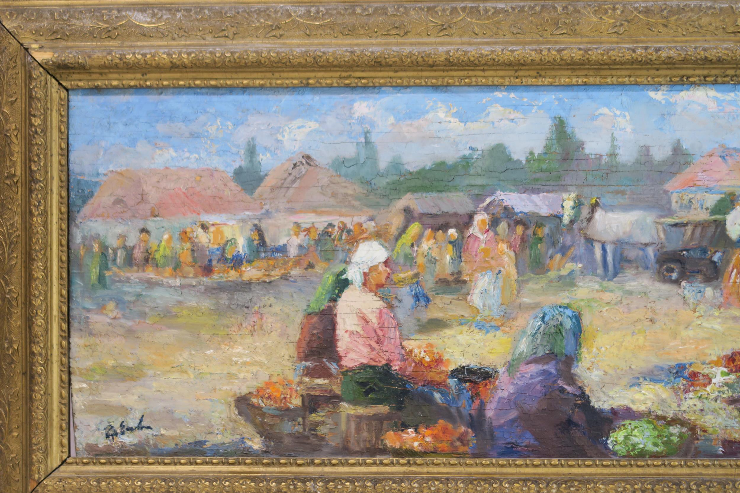 E* E* THE MARKET  Oil on panel, signed indistinctly lower left, 24 x 70cm (9.5 x 27.5") Condition - Image 8 of 9