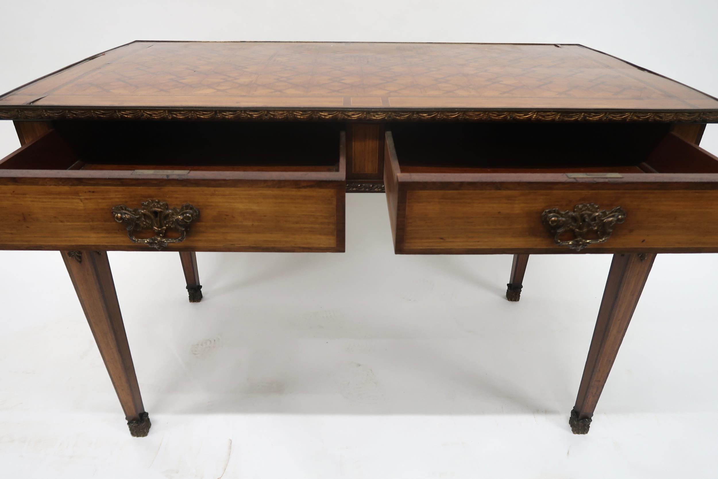 A CONTINENTAL LOUIS XVI STYLE KINGSWOOD BUREAU PLAT with parquetry inlaid top with gilt metal edge - Image 4 of 9