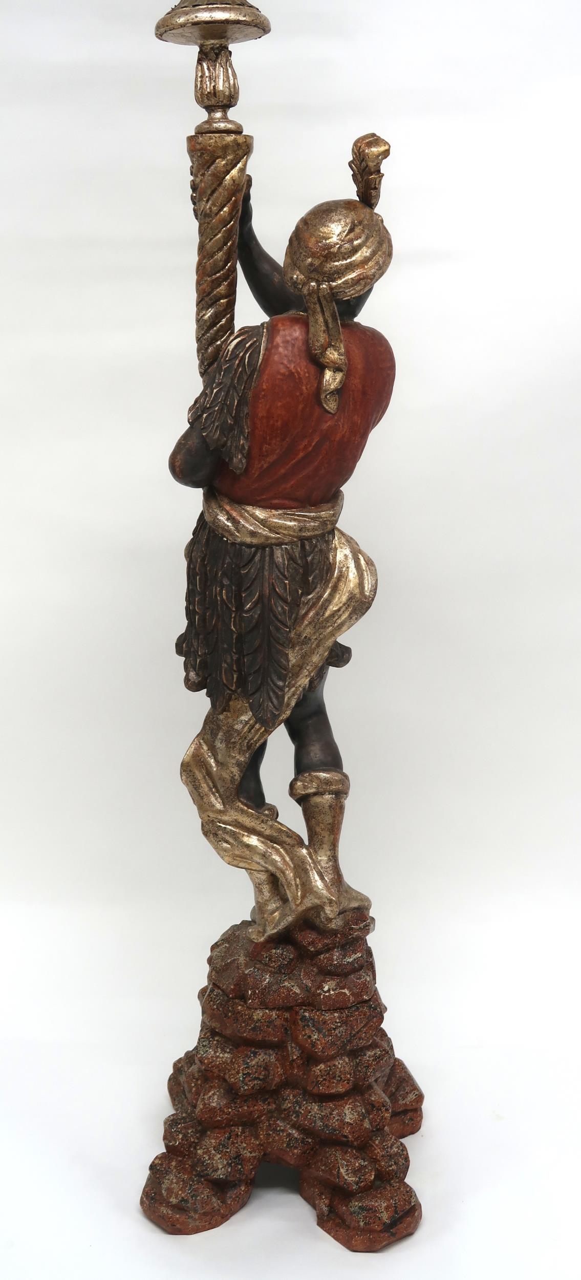 A 20TH CENTURY CARVED WOOD BLACKAMOOR STANDARD LAMP with gilt five branch foliate light mount held - Image 7 of 7