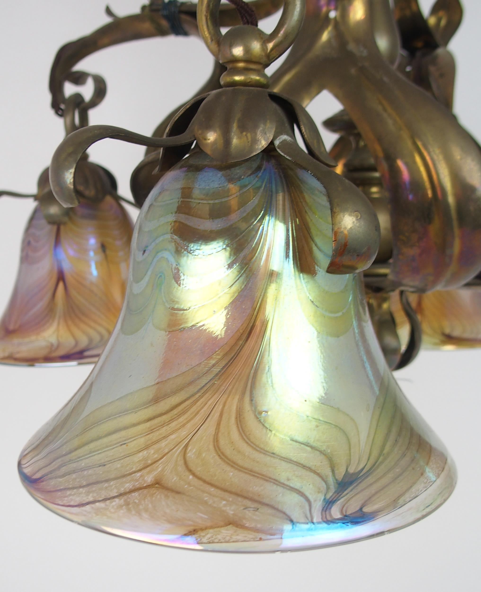 A BRASS ARTS AND CRAFTS HANGING LIGHT with later iridescent glass shades, 56.6cm x 59cm high, 104 cm - Image 5 of 7