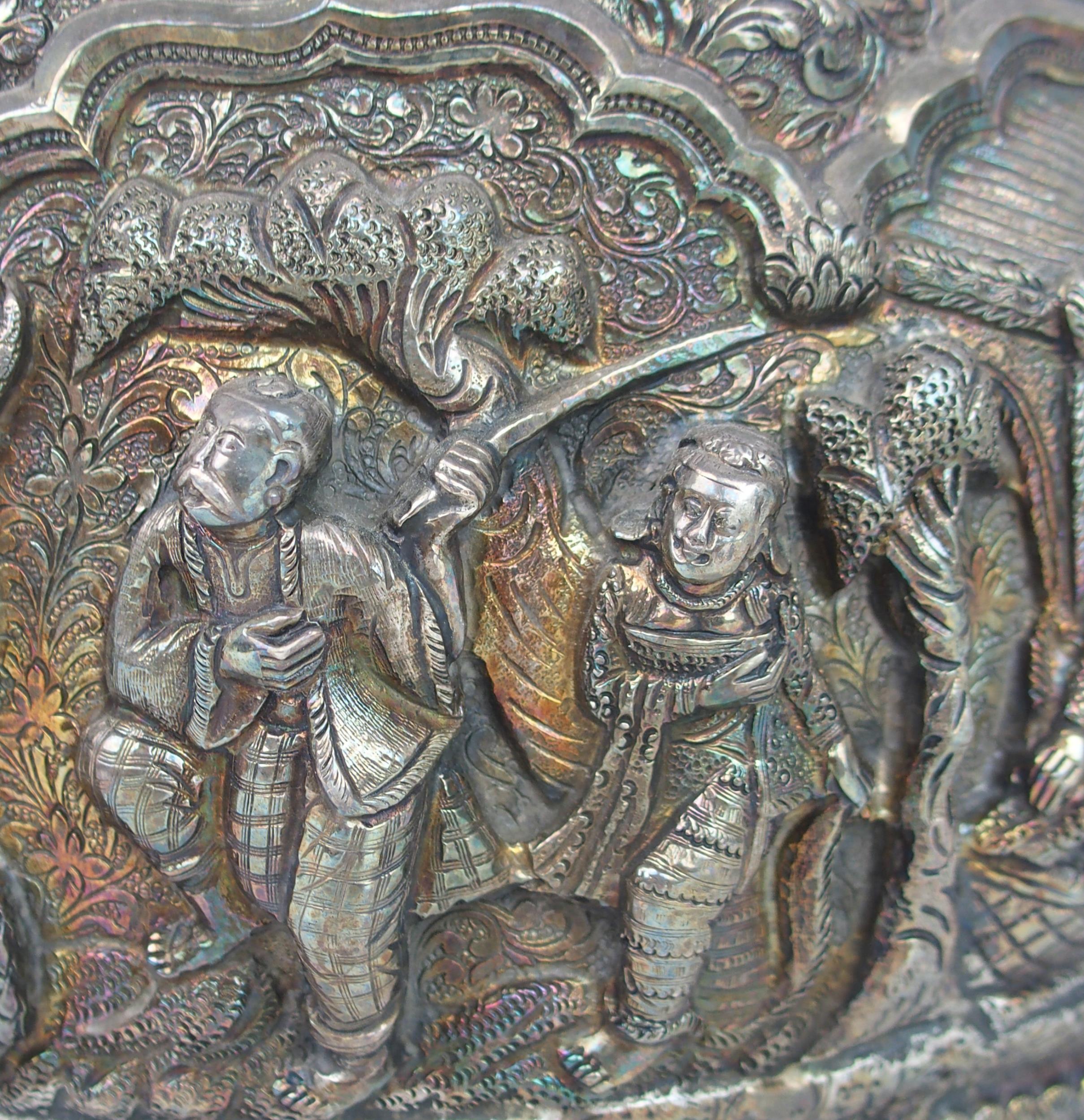 A BURMESE SILVER BOWL of rounded form, with profusely embossed and repousse work of villagers, - Image 8 of 13