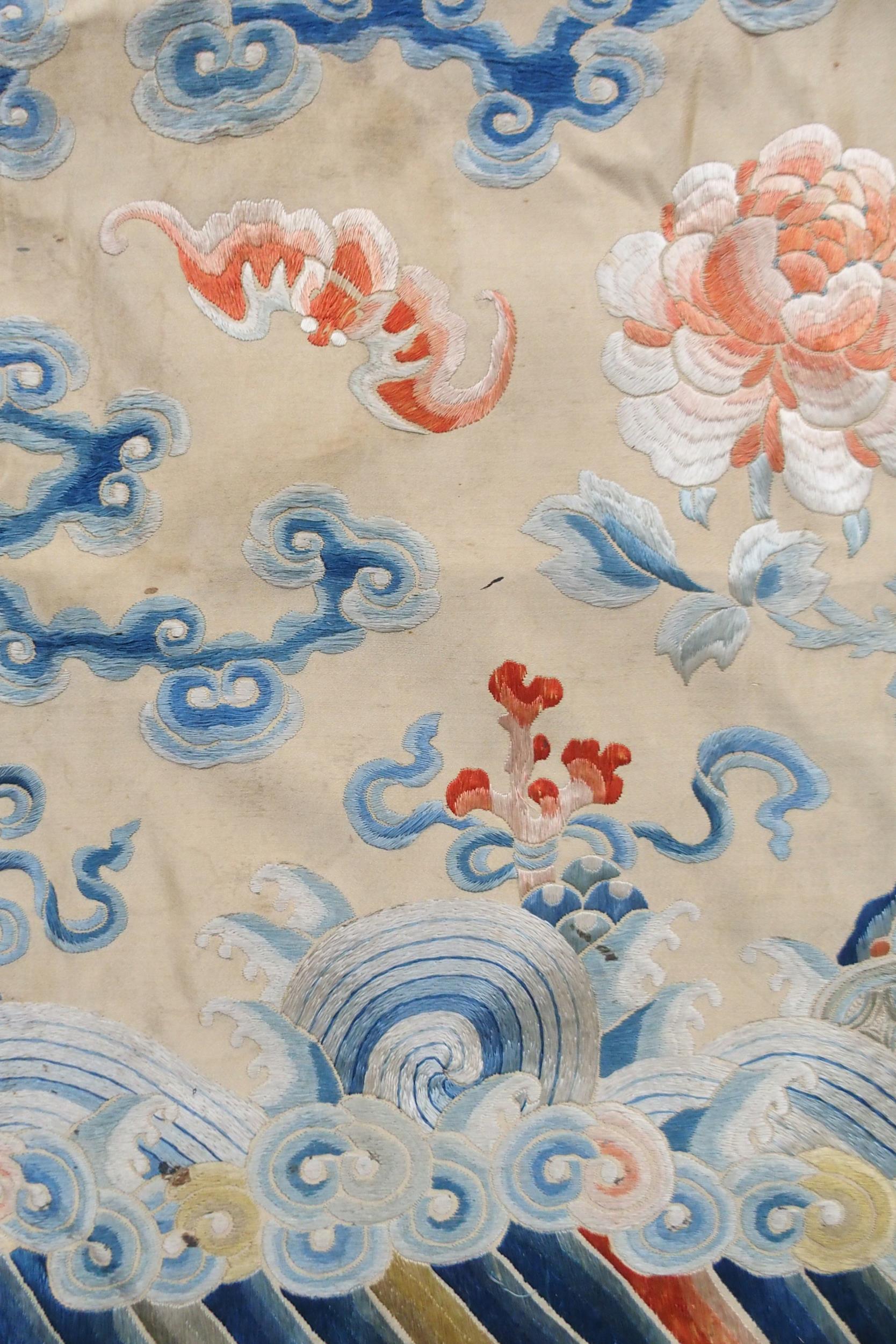 A CHINESE SILK PANEL decorated in coloured threads on a cream ground within a blue and white - Image 11 of 27