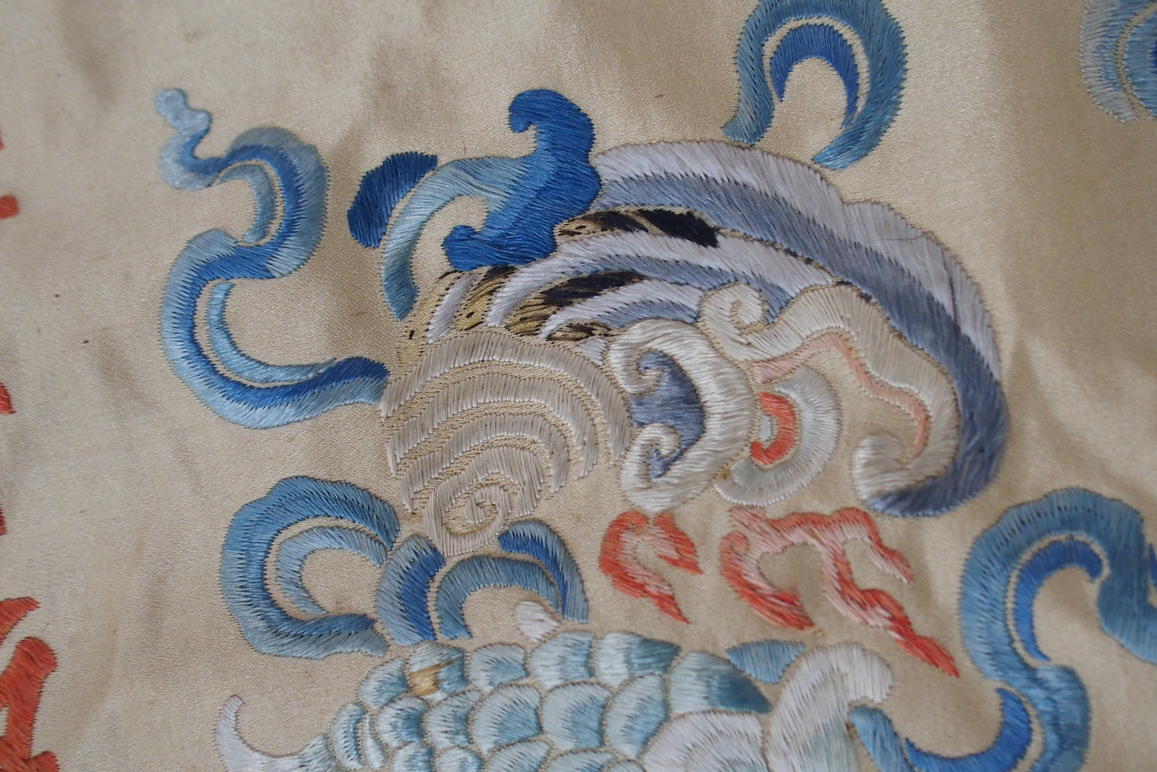 A CHINESE SILK PANEL decorated in coloured threads on a cream ground within a blue and white - Image 24 of 27