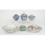 SEVEN CANTONESE CERAMICS  comprising; four bowls and covers, an octagonal dish and octagonal tea
