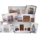 A SMALL MIXED LOT OF ORIGINAL CONCEPTUAL DRAWINGS OF FURNITURE lot contains one framed and twelve