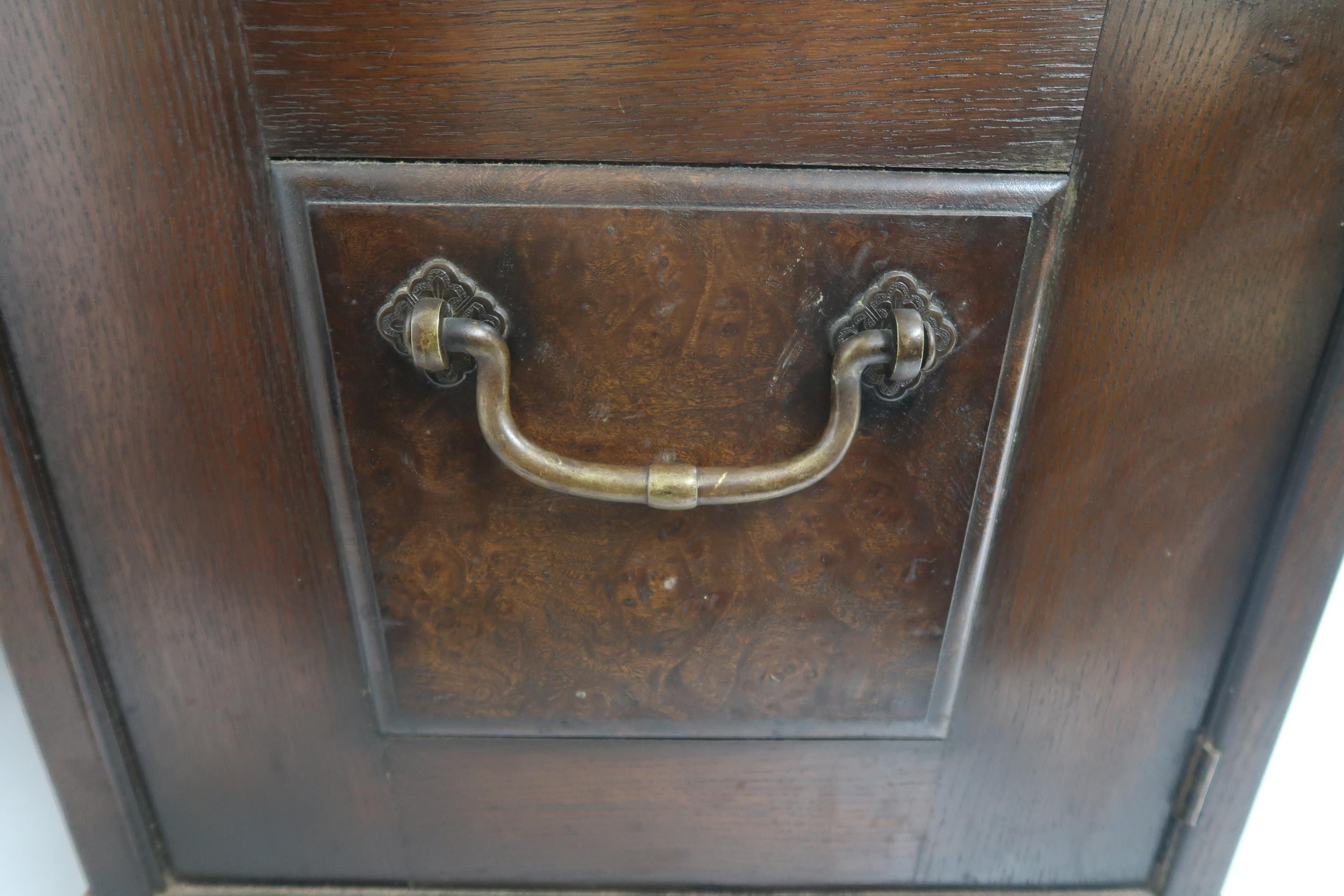 AN ARTS AND CRAFTS OAK AND BURR WALNUT COFFER the three section hinged top carved with foxes and - Image 15 of 16