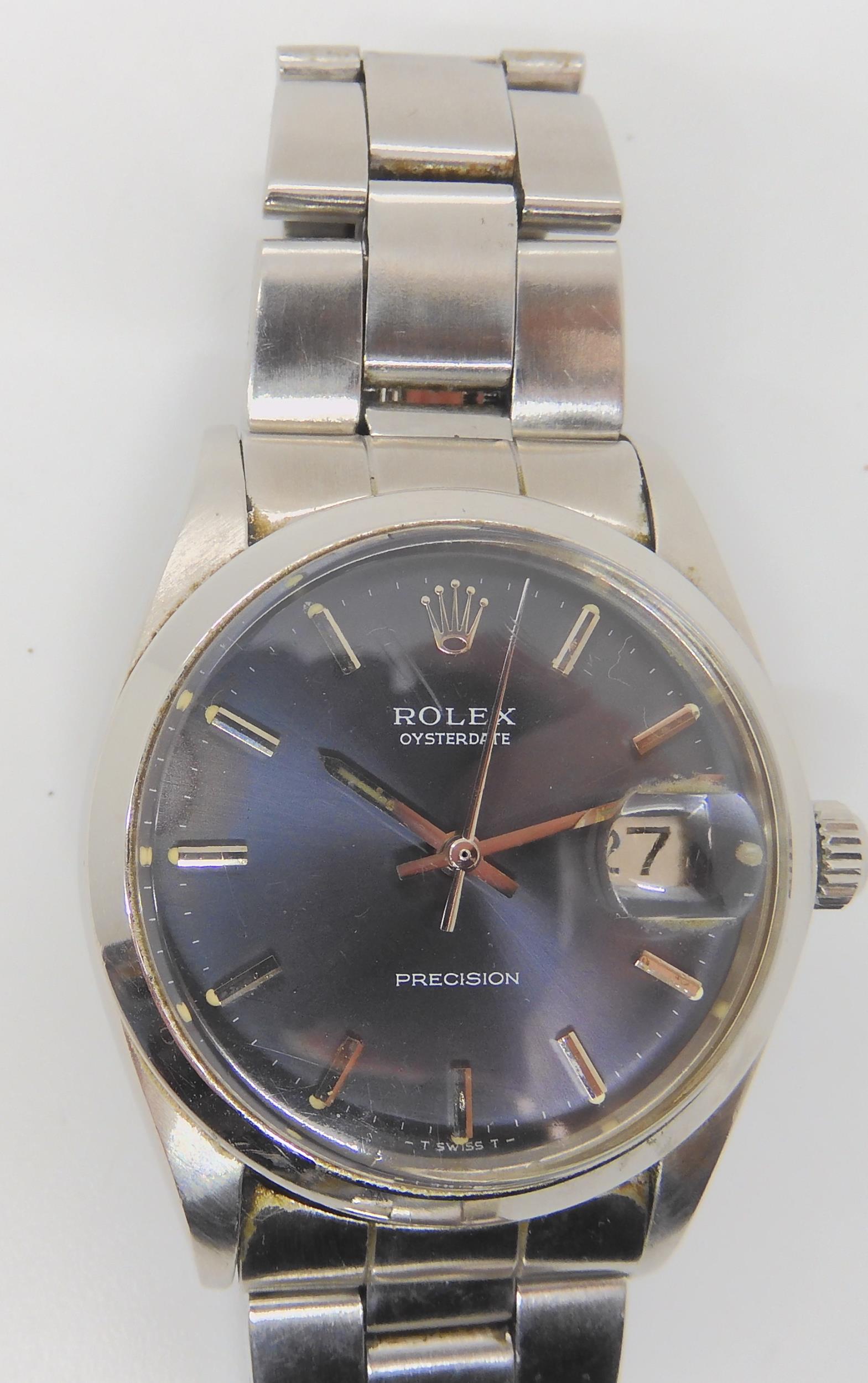 A ROLEX OYSTERDATE PRECISION with dark grey satined dial, silver coloured baton numerals, hands, and - Image 2 of 14