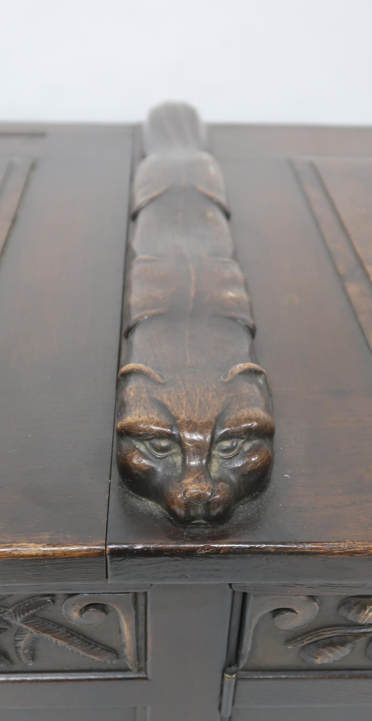 AN ARTS AND CRAFTS OAK AND BURR WALNUT COFFER the three section hinged top carved with foxes and - Image 5 of 16