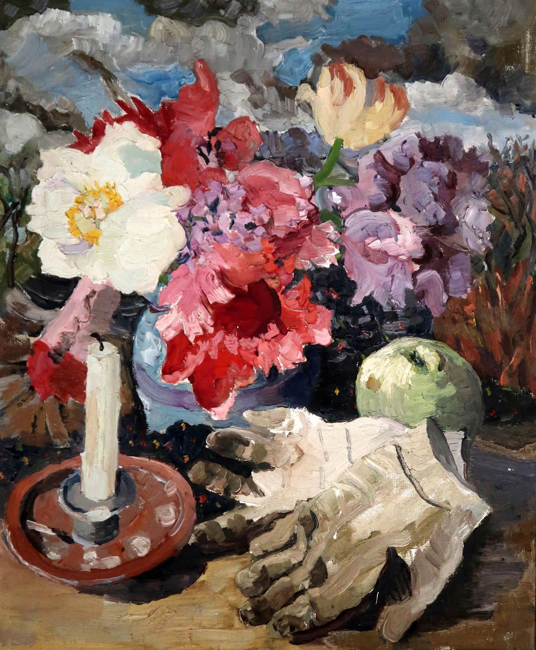 LUCY HARWOOD (BRITISH 1893-1972) STILL LIFE OF MIXED FLOWERS, CANDLESTICK AND GARDENING GLOVES Oil