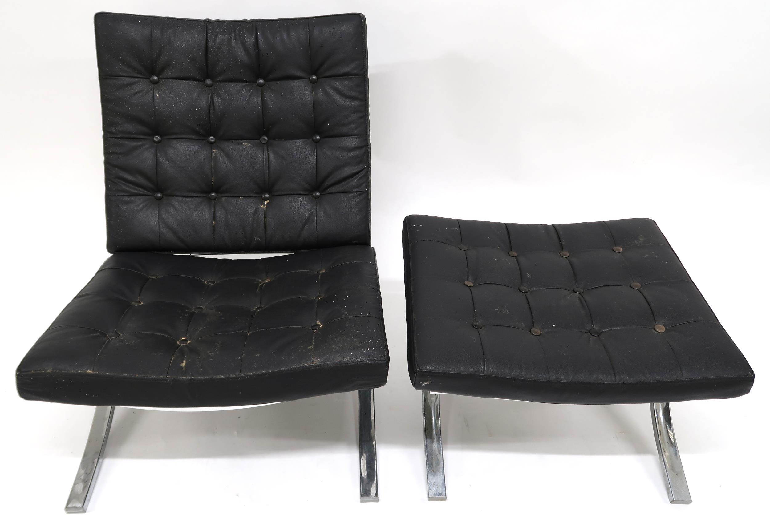 A 20TH CENTURY AFTER LUDWIG MIES VAN DER ROHE "BARCELONA" CHAIR AND STOOL both with black leather - Image 2 of 8