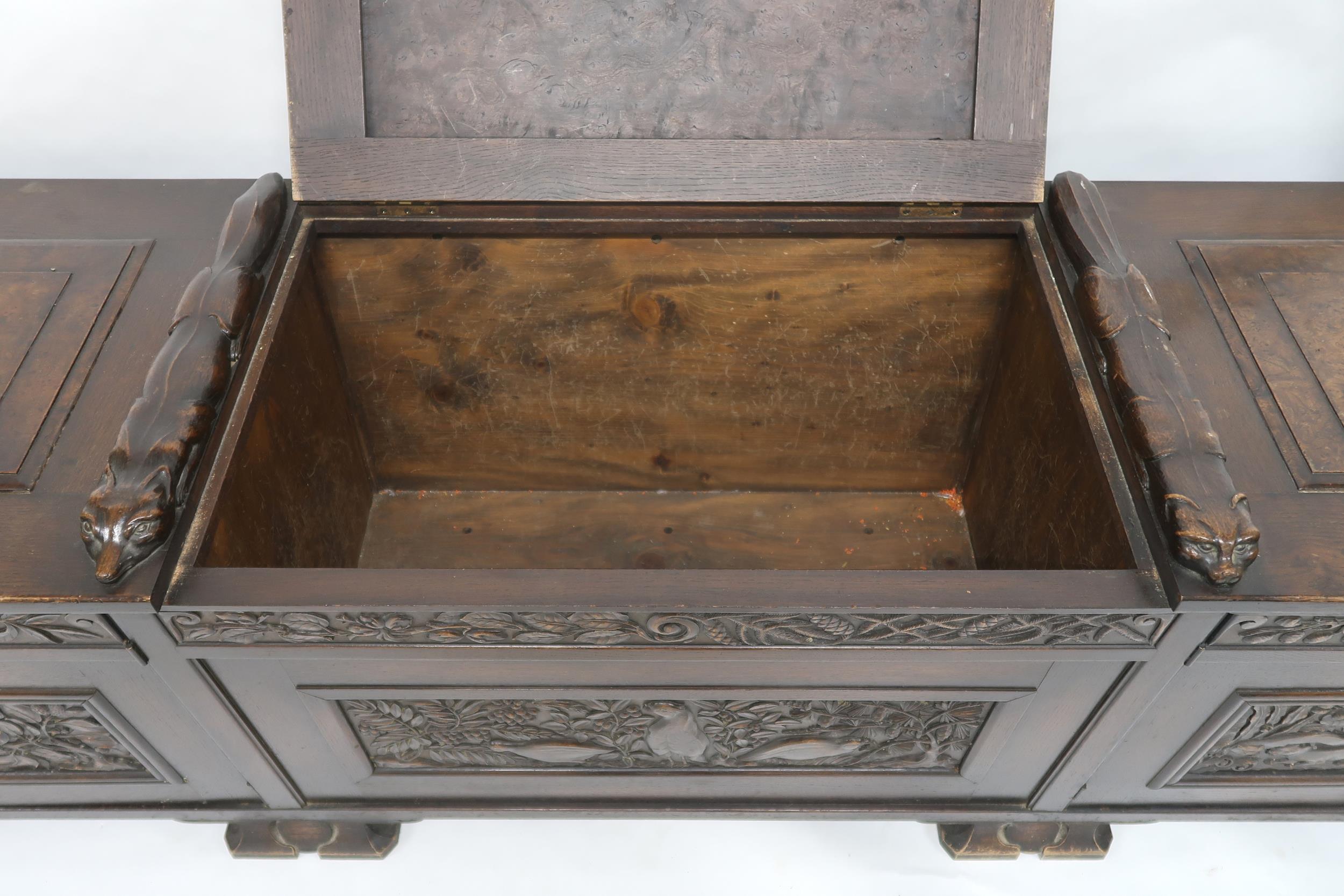 AN ARTS AND CRAFTS OAK AND BURR WALNUT COFFER the three section hinged top carved with foxes and - Image 7 of 16