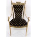 A 20TH CENTURY GILT FRAMED VERSACE STYLE BOUDOIR CHAIR with lion masque patterned upholstered seat