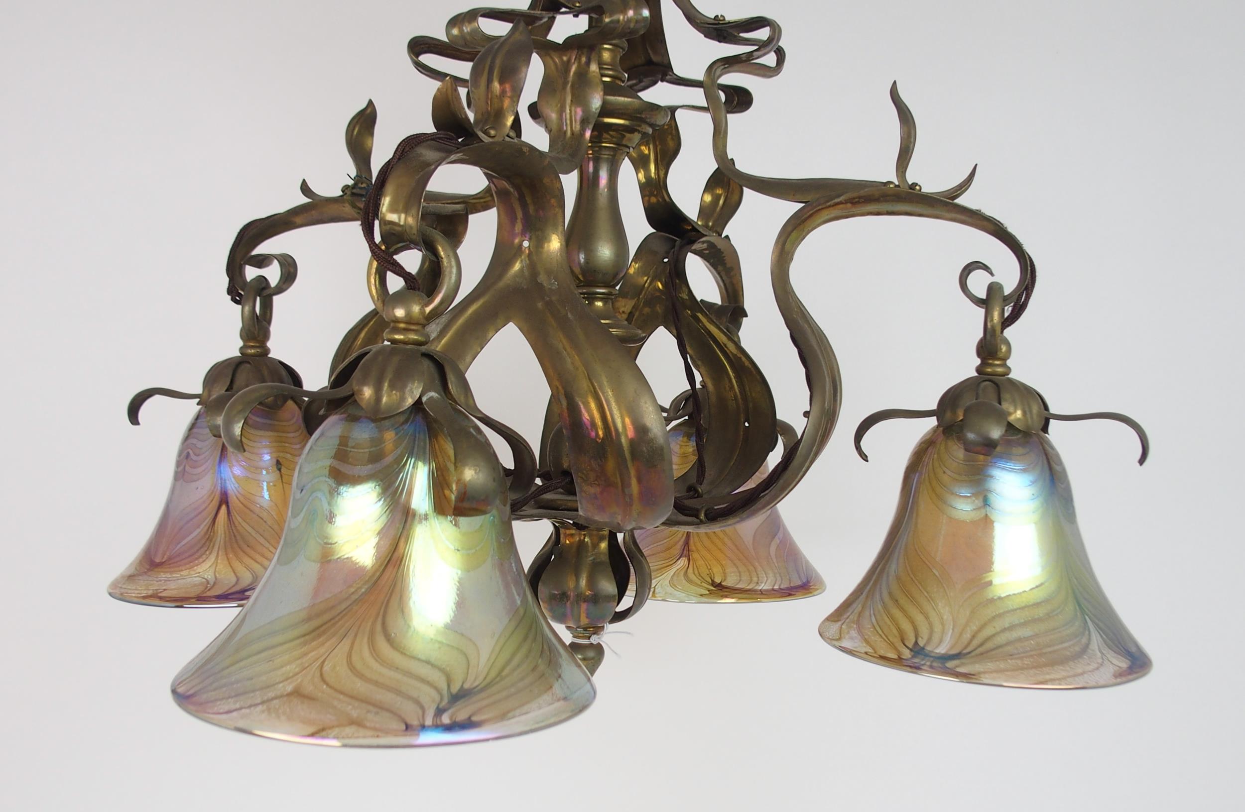 A BRASS ARTS AND CRAFTS HANGING LIGHT with later iridescent glass shades, 56.6cm x 59cm high, 104 cm - Image 2 of 7