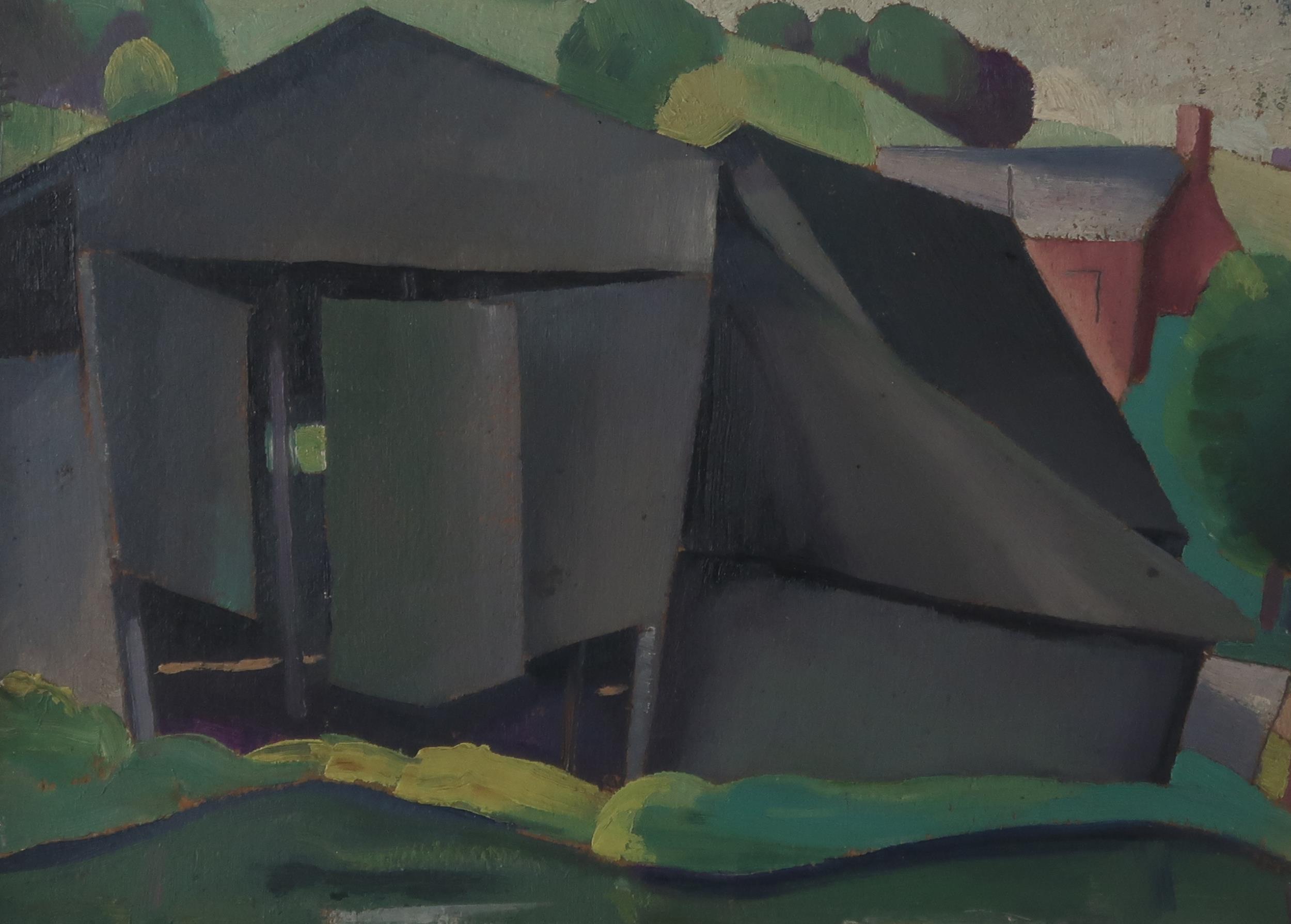 WILLIAM MCCANCE (SCOTTISH, 1894-1970) BOATHOUSE ON A CANAL 1928 Oil on board, bears title verso, - Image 3 of 8