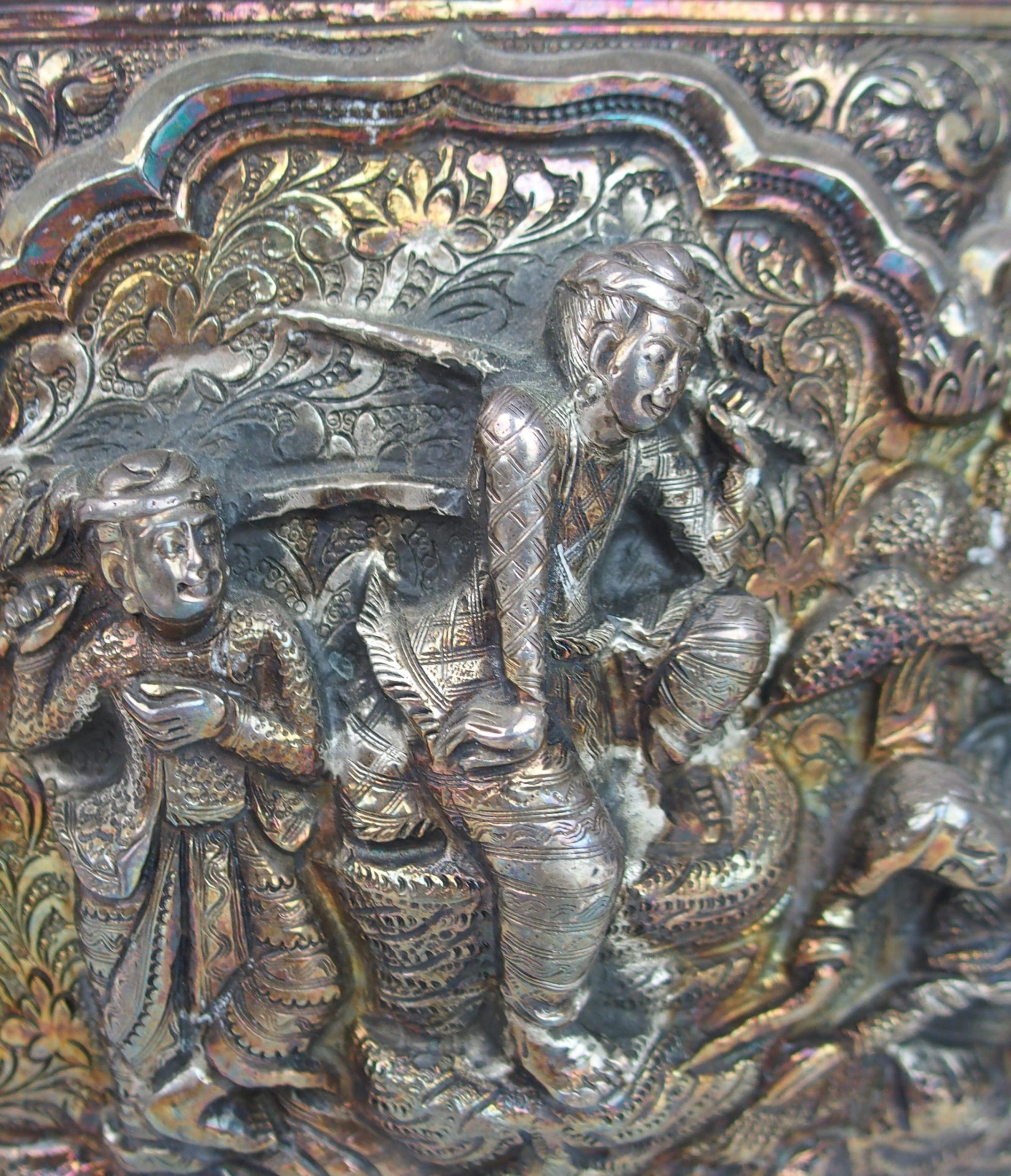 A BURMESE SILVER BOWL of rounded form, with profusely embossed and repousse work of villagers, - Image 7 of 13