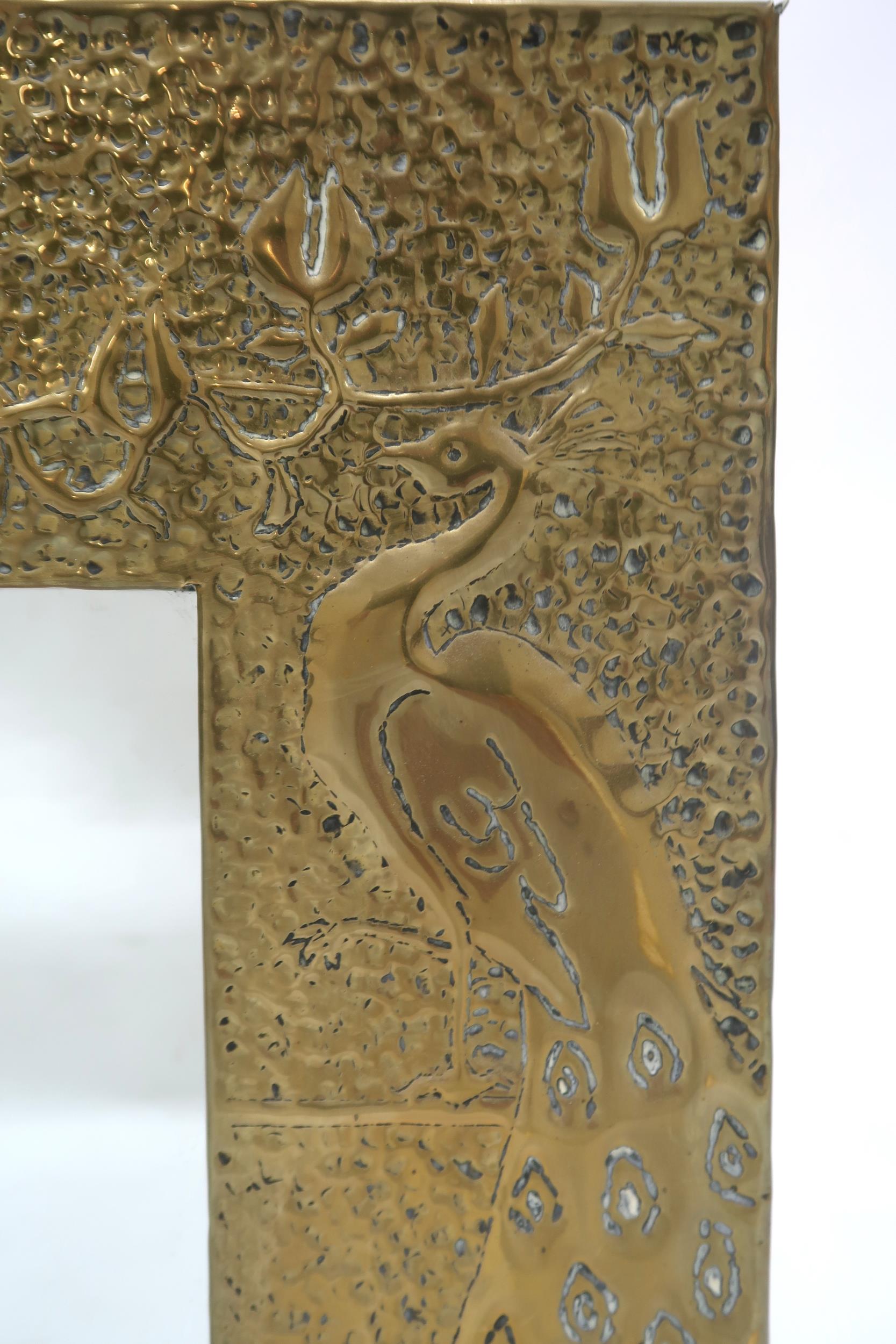 AN EARLY 20TH ARTS & CRAFTS AFTER TALWIN MORRIS WALL MIRROR with hammered brass frame depicting - Image 4 of 8