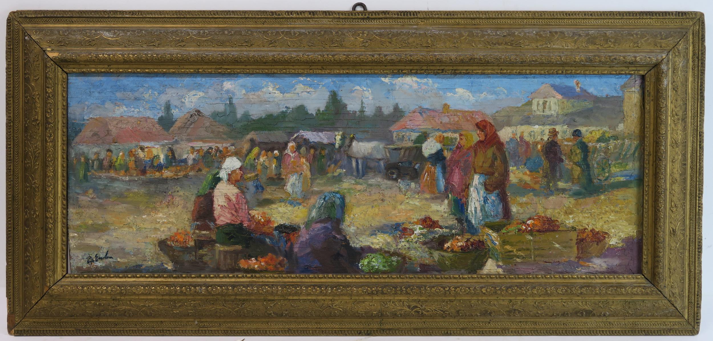 E* E* THE MARKET  Oil on panel, signed indistinctly lower left, 24 x 70cm (9.5 x 27.5") Condition - Image 2 of 9