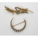 TWO VINTAGE PEARL BROOCHES to include a crescent moon brooch, stamped 15ct and set with split pearls