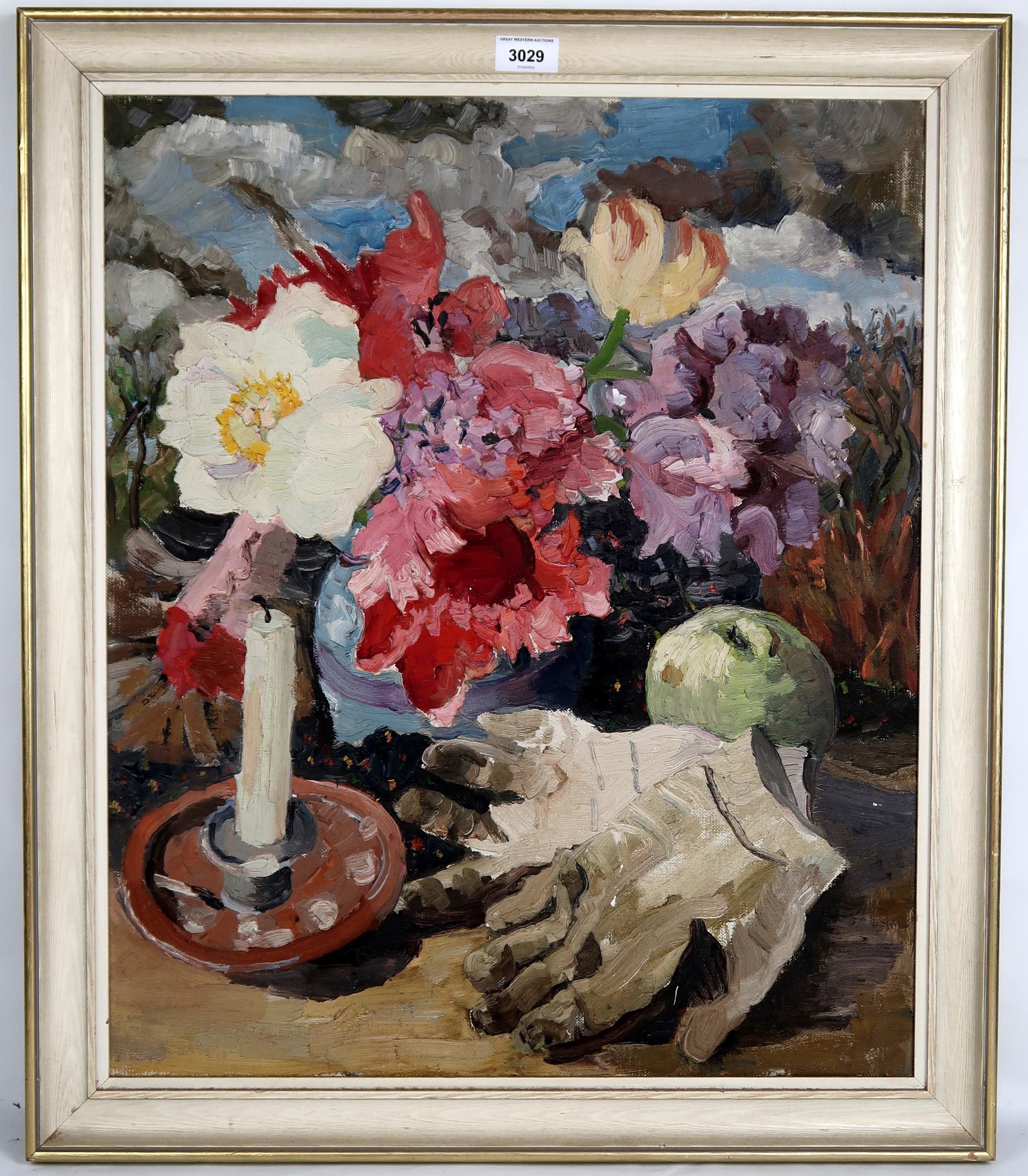 LUCY HARWOOD (BRITISH 1893-1972) STILL LIFE OF MIXED FLOWERS, CANDLESTICK AND GARDENING GLOVES Oil - Image 2 of 3