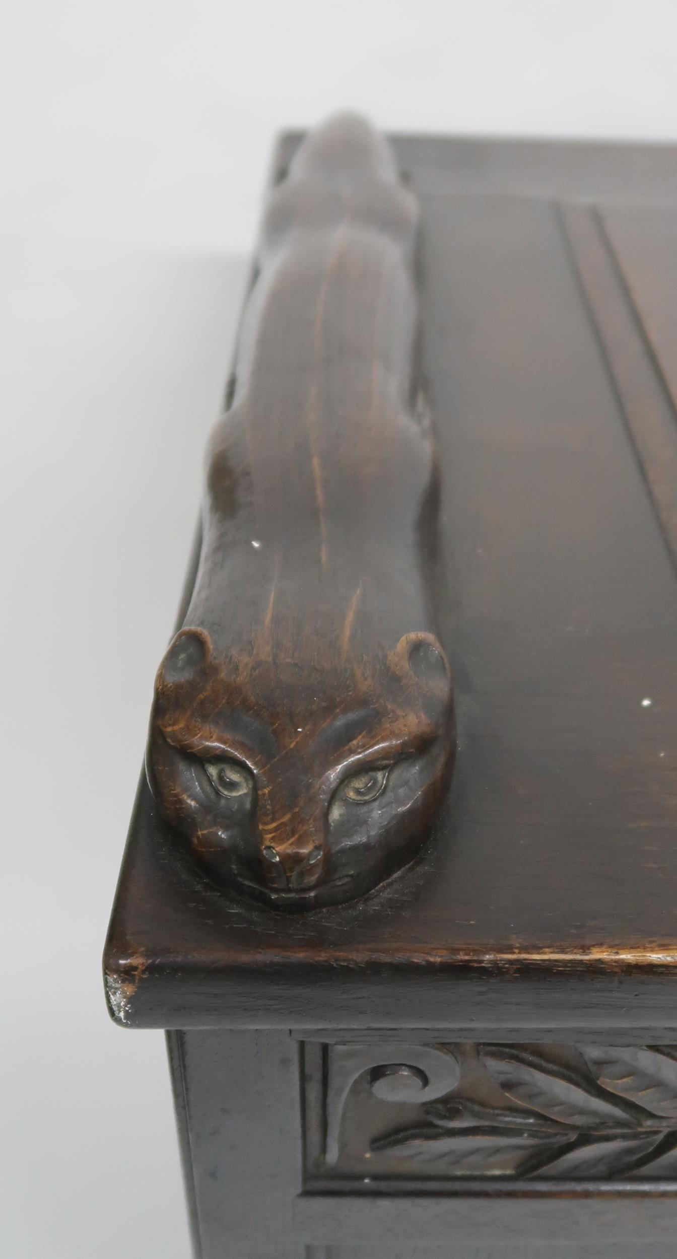 AN ARTS AND CRAFTS OAK AND BURR WALNUT COFFER the three section hinged top carved with foxes and - Image 3 of 16