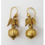 A PAIR OF ETRUSCAN REVIVAL EARRINGS a granulation and wire work decorated ball surmounted by an