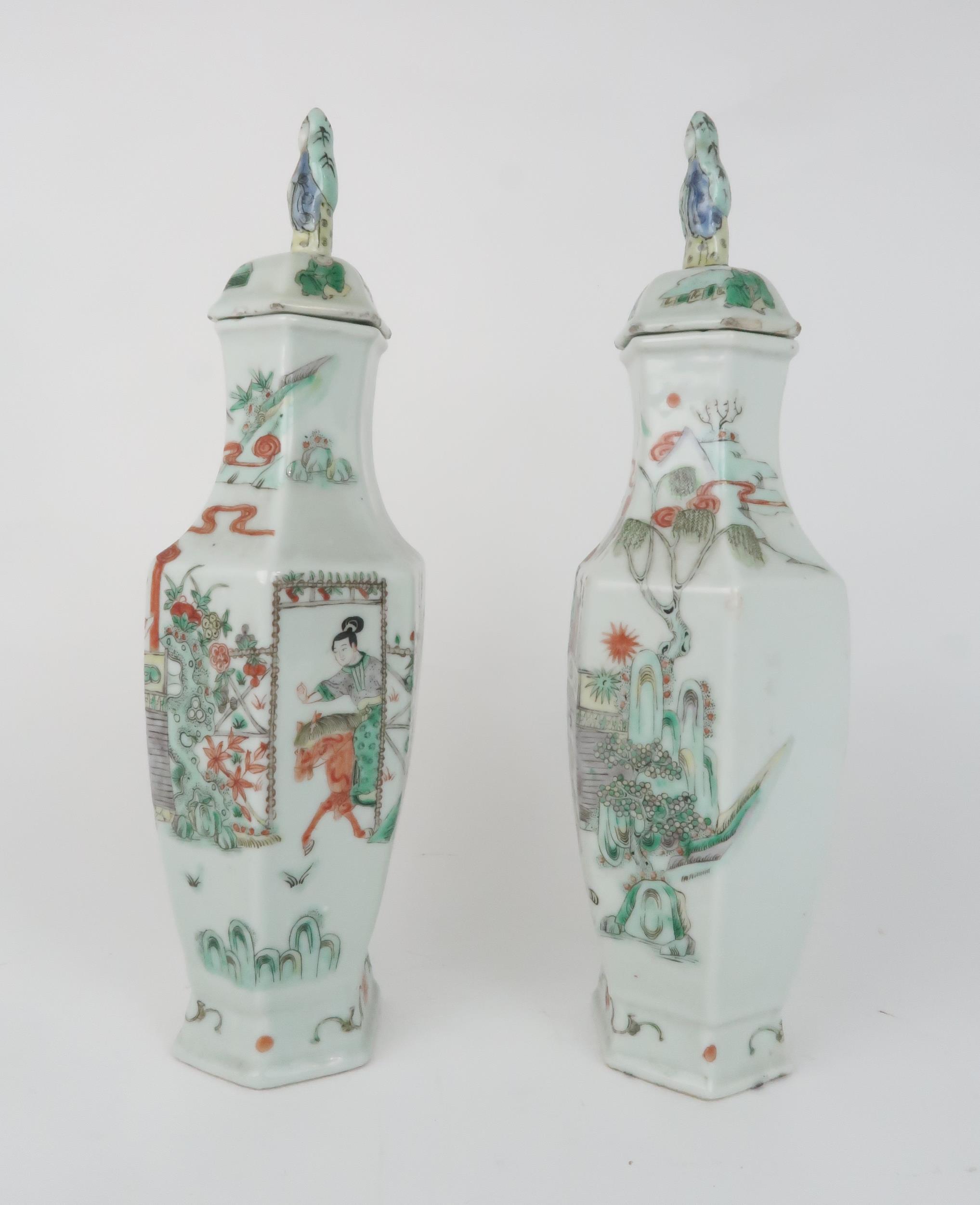 A PAIR OF CANTON HEXAGONAL VASES AND COVERS  painted with horse riders before dignitaries on - Image 2 of 12