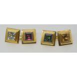 A PAIR OF MIXED GEM CUFFLINKS the square cut aquamarine, tourmaline, garnet and yellow topaz are set