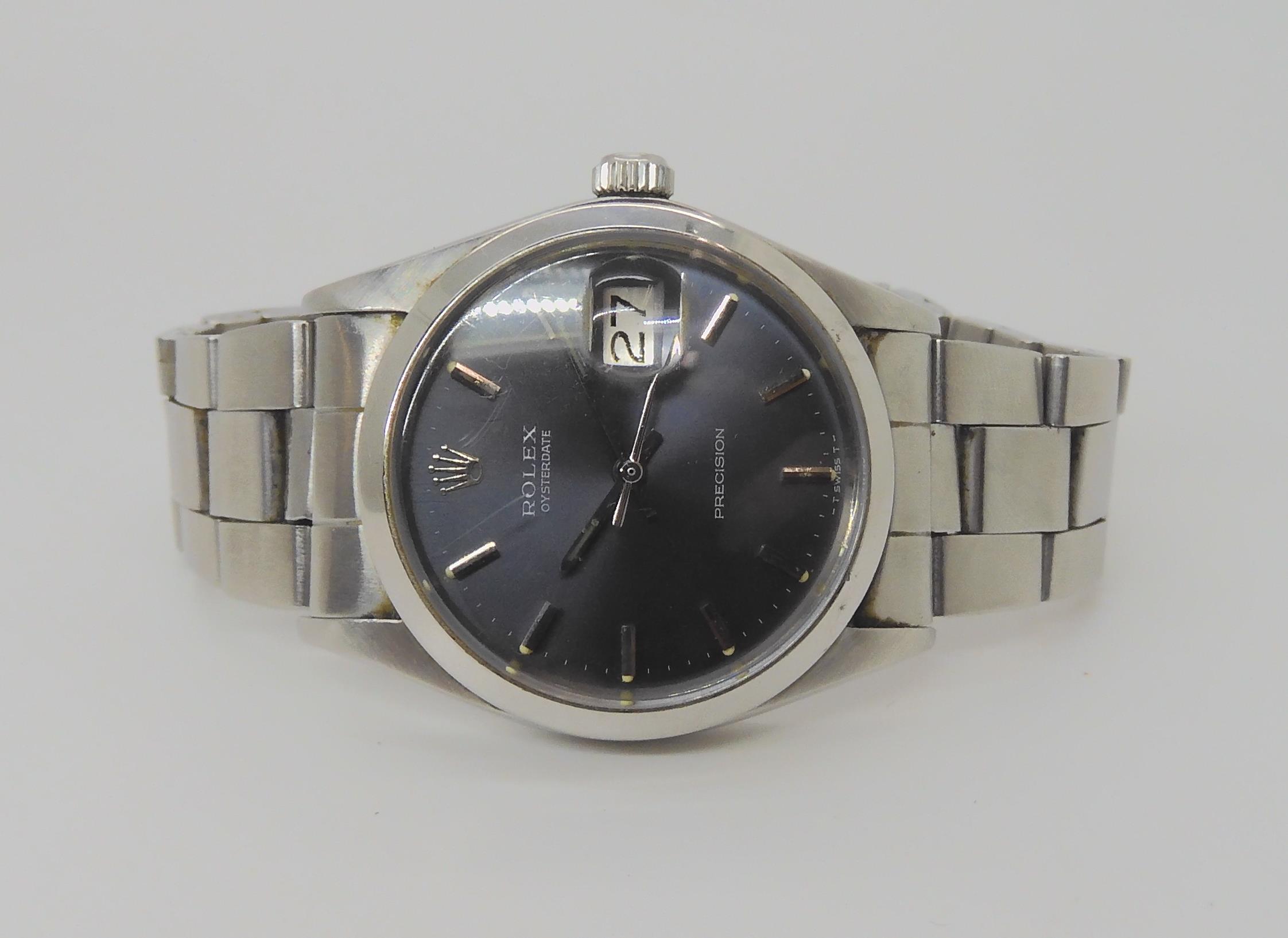 A ROLEX OYSTERDATE PRECISION with dark grey satined dial, silver coloured baton numerals, hands, and - Image 14 of 14