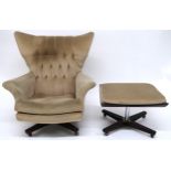 A MID 20TH CENTURY G PLAN MODEL 6250 "BLOFELD" SWIVEL WINGBACK ARMCHAIR AND STOOL both with beige