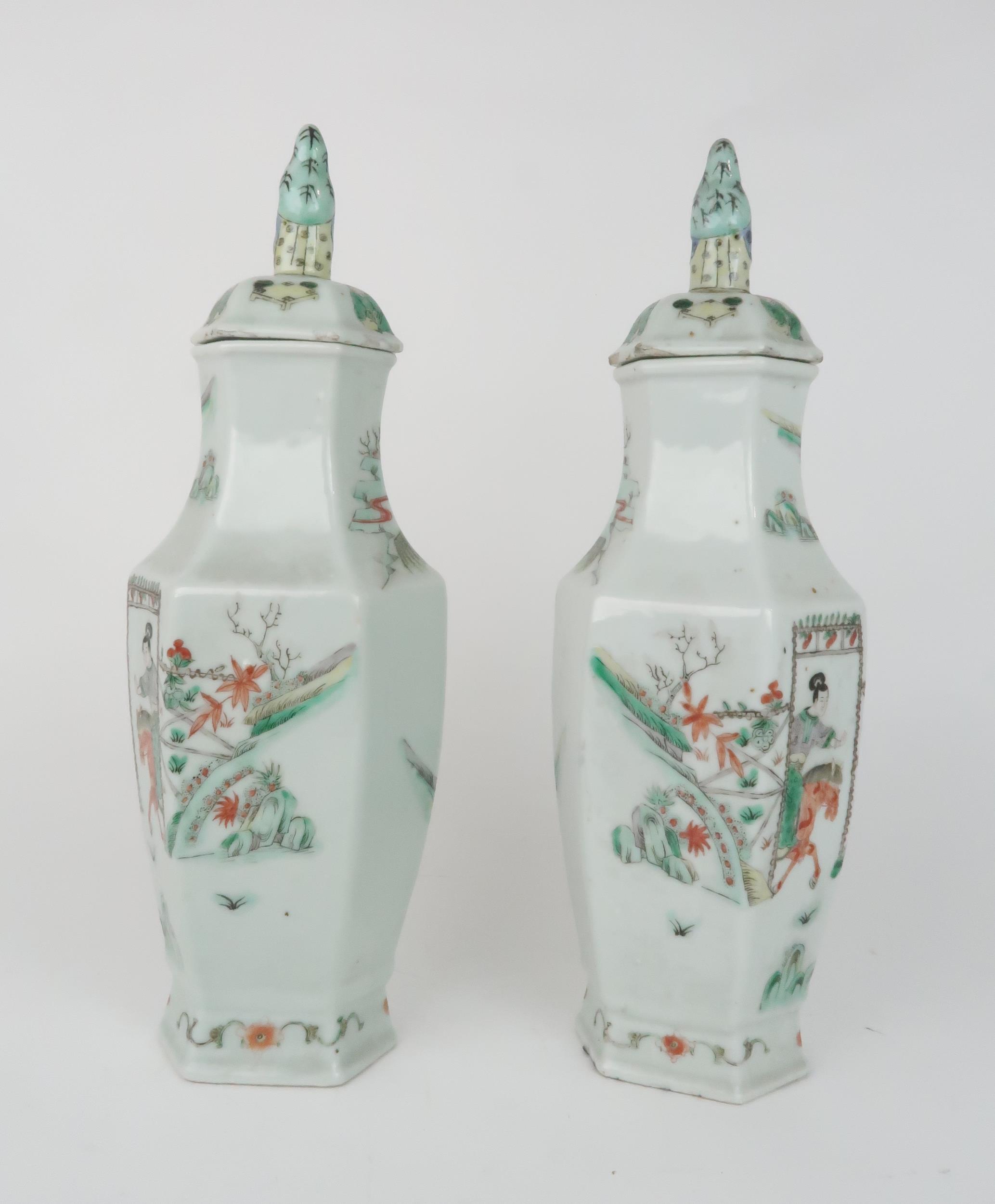 A PAIR OF CANTON HEXAGONAL VASES AND COVERS  painted with horse riders before dignitaries on - Image 3 of 12