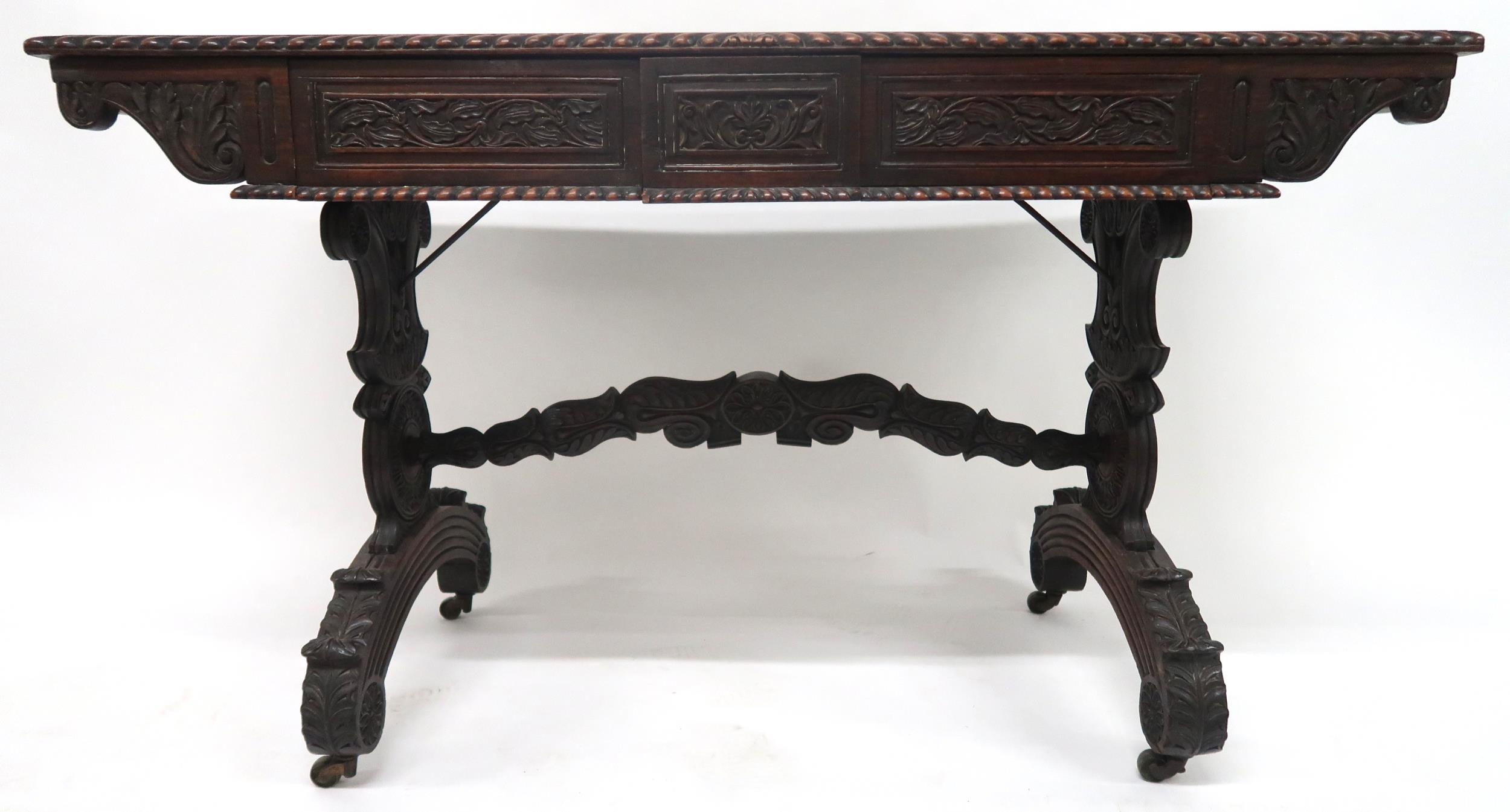 AN ANGLO-INDIAN ROSEWOOD LIBRARY TABLE with rectangular gadrooned top over a pair of asymmetrical - Image 2 of 13