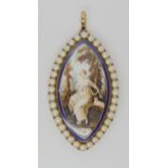 A GEORGIAN MOURNING PENDANT of a maiden and dog, painted on ivory in colours, with applied areas