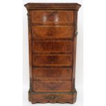 A CONTINENTAL NAPOLEON III STYLE BURR WALNUT CHEST OF DRAWERS with six central drawers on plinth