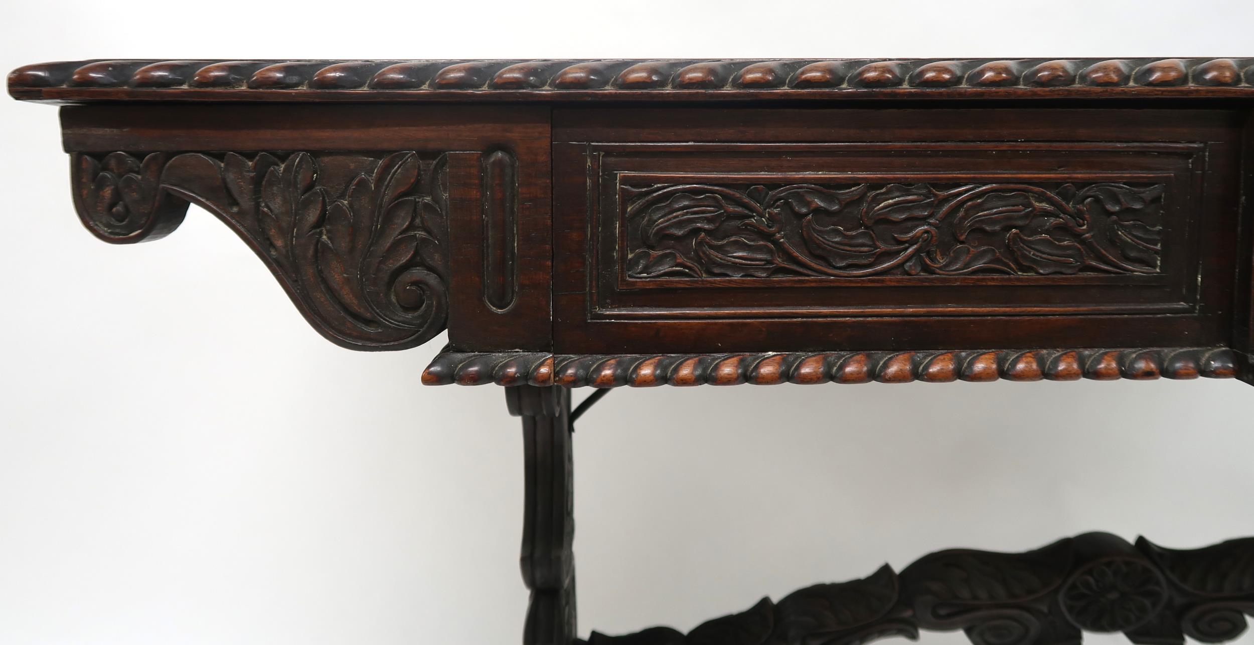 AN ANGLO-INDIAN ROSEWOOD LIBRARY TABLE with rectangular gadrooned top over a pair of asymmetrical - Image 7 of 13