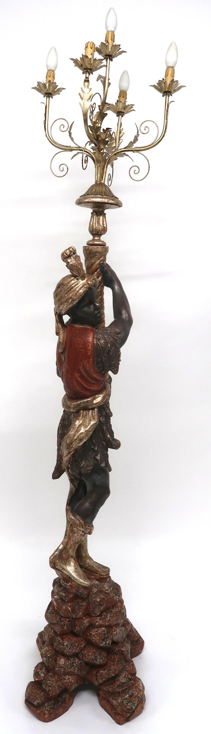 A 20TH CENTURY CARVED WOOD BLACKAMOOR STANDARD LAMP with gilt five branch foliate light mount held - Image 5 of 7