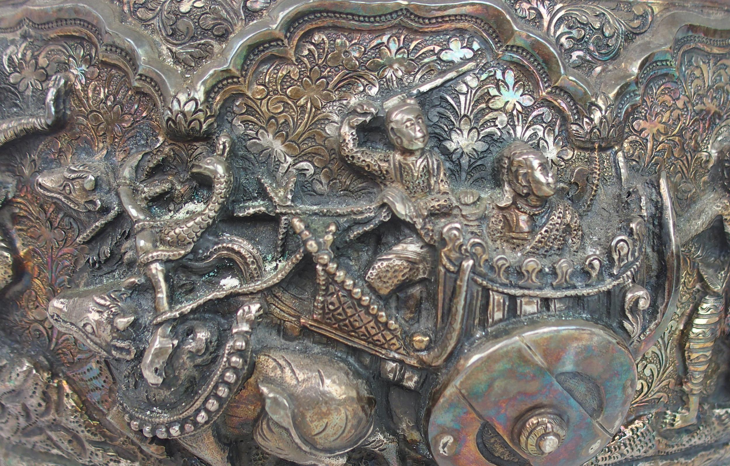 A BURMESE SILVER BOWL of rounded form, with profusely embossed and repousse work of villagers, - Image 5 of 13