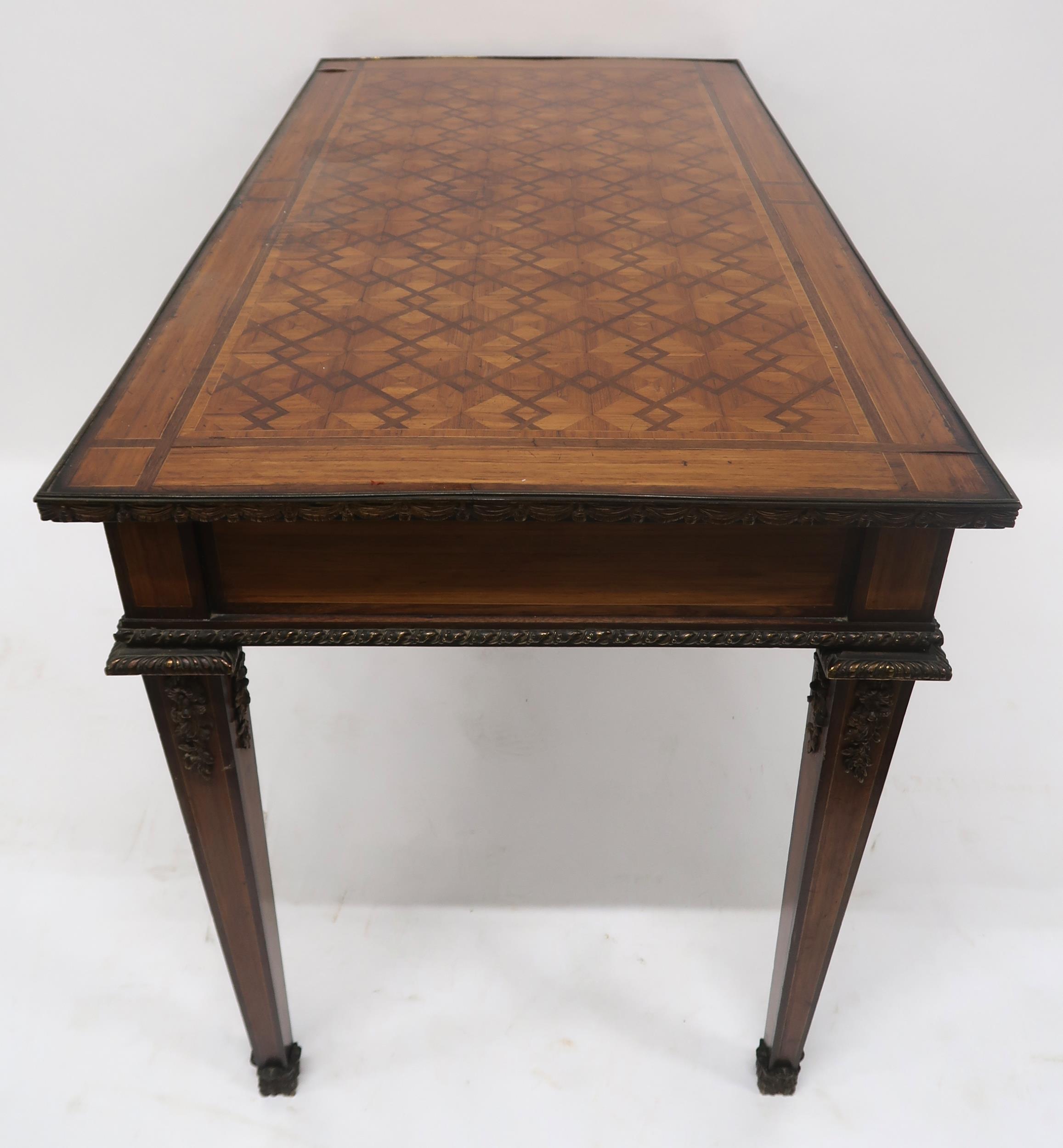 A CONTINENTAL LOUIS XVI STYLE KINGSWOOD BUREAU PLAT with parquetry inlaid top with gilt metal edge - Image 9 of 9