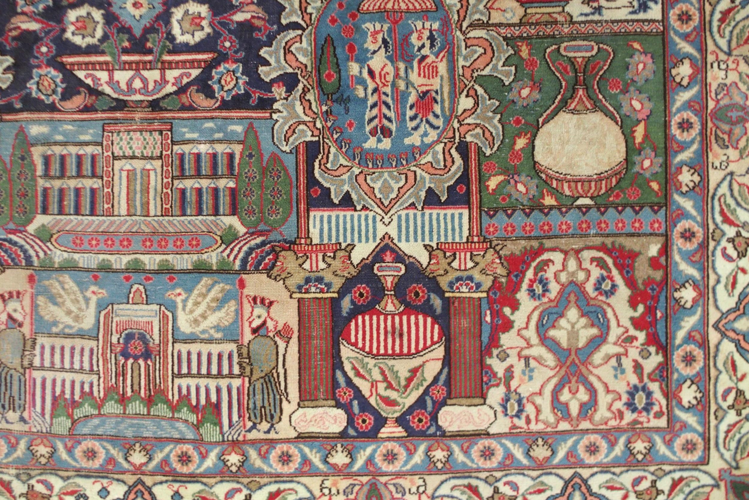 A MULTICOLOURED GROUND KASHMAR RUG with red and blue central medallion upon an extensively decorated - Image 5 of 10