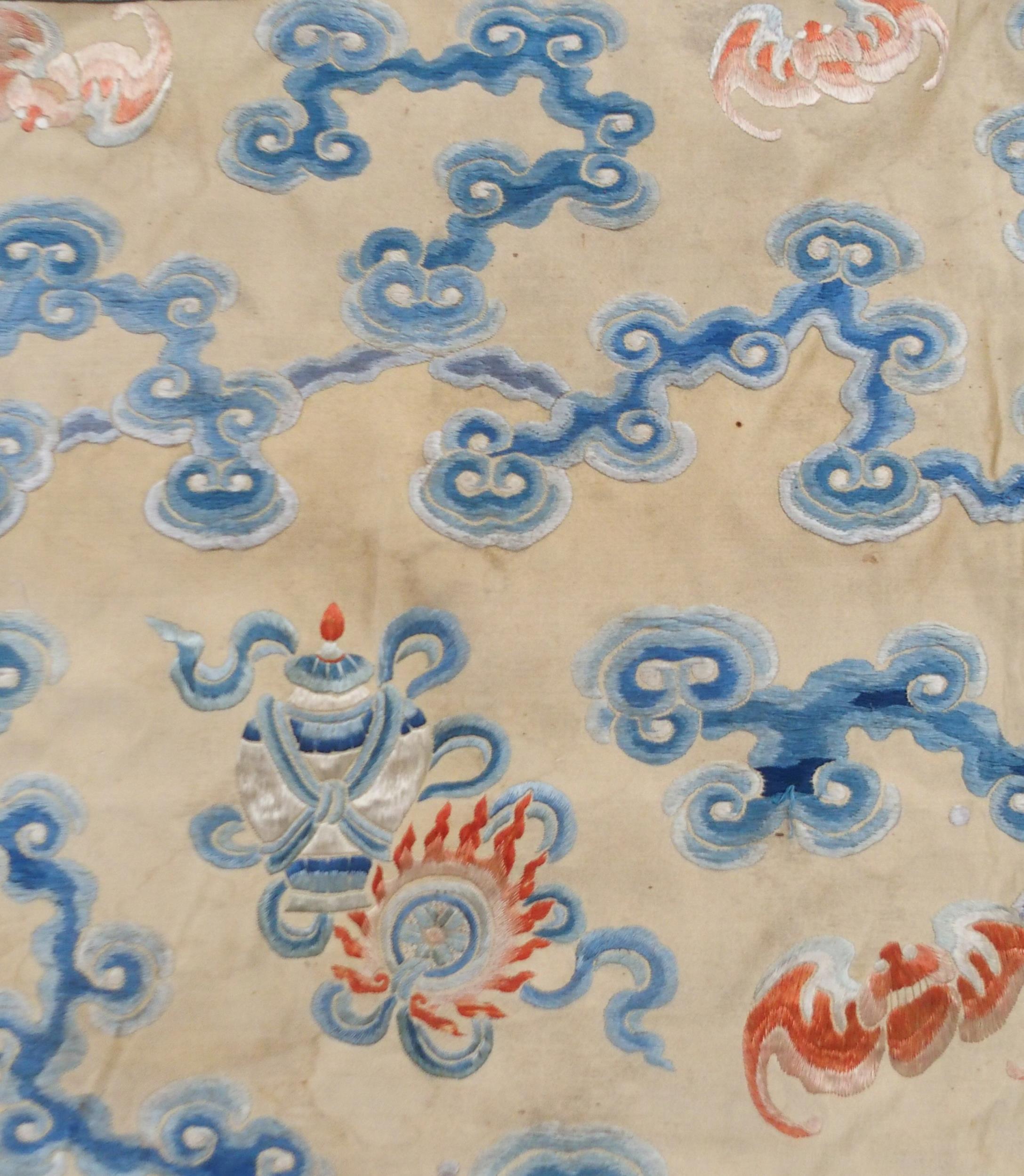 A CHINESE SILK PANEL decorated in coloured threads on a cream ground within a blue and white - Image 9 of 27