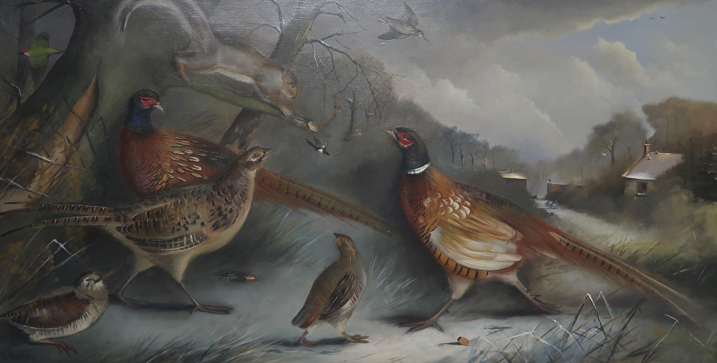 EDWARD HASELL MCCOSH (SCOTTISH b.1949) PHEASANTS, FOWL AND SQUIRREL IN A LANDSCAPE Oil on canvas,